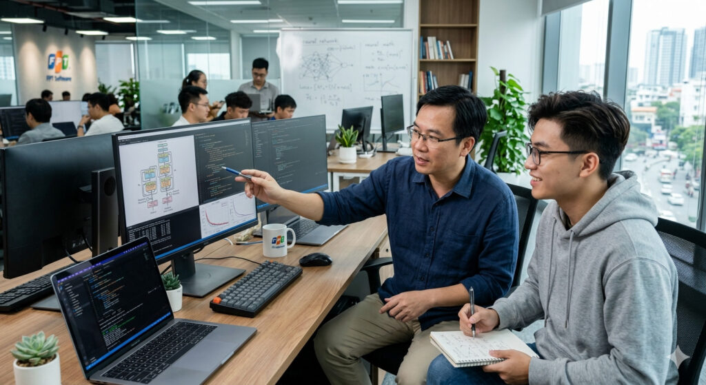 Kỹ sư công nghệ đang trao đổi trực tiếp với chuyên gia nước ngoài về sơ đồ vận hành hệ thống.